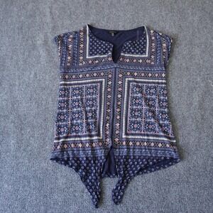Lucky Brand Women's Medium Blue Print Sleeveless Tie Front‎ Top Blouse Casual